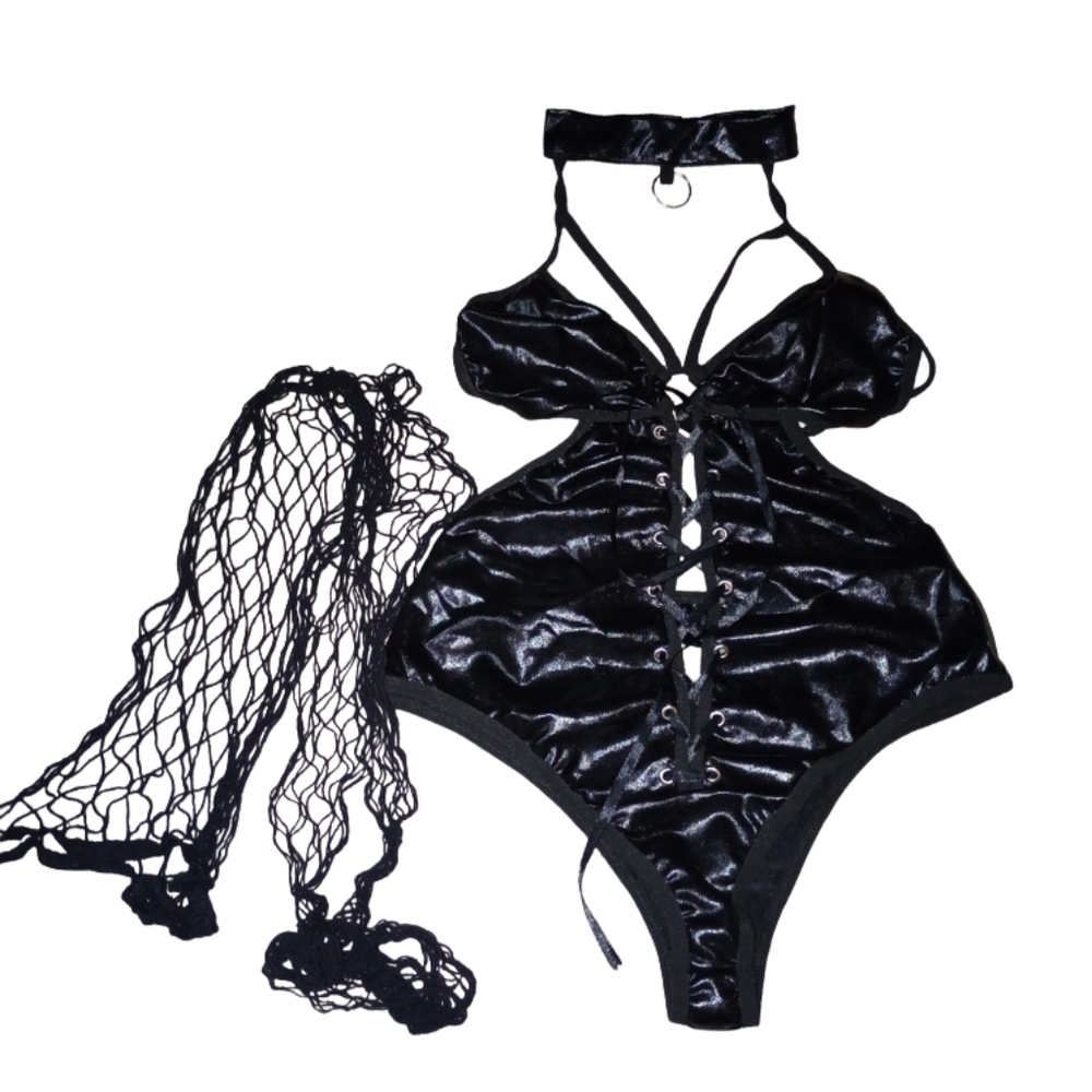 Exotic dance wear pu leather fetish lingerie with high waisted fishnet size m